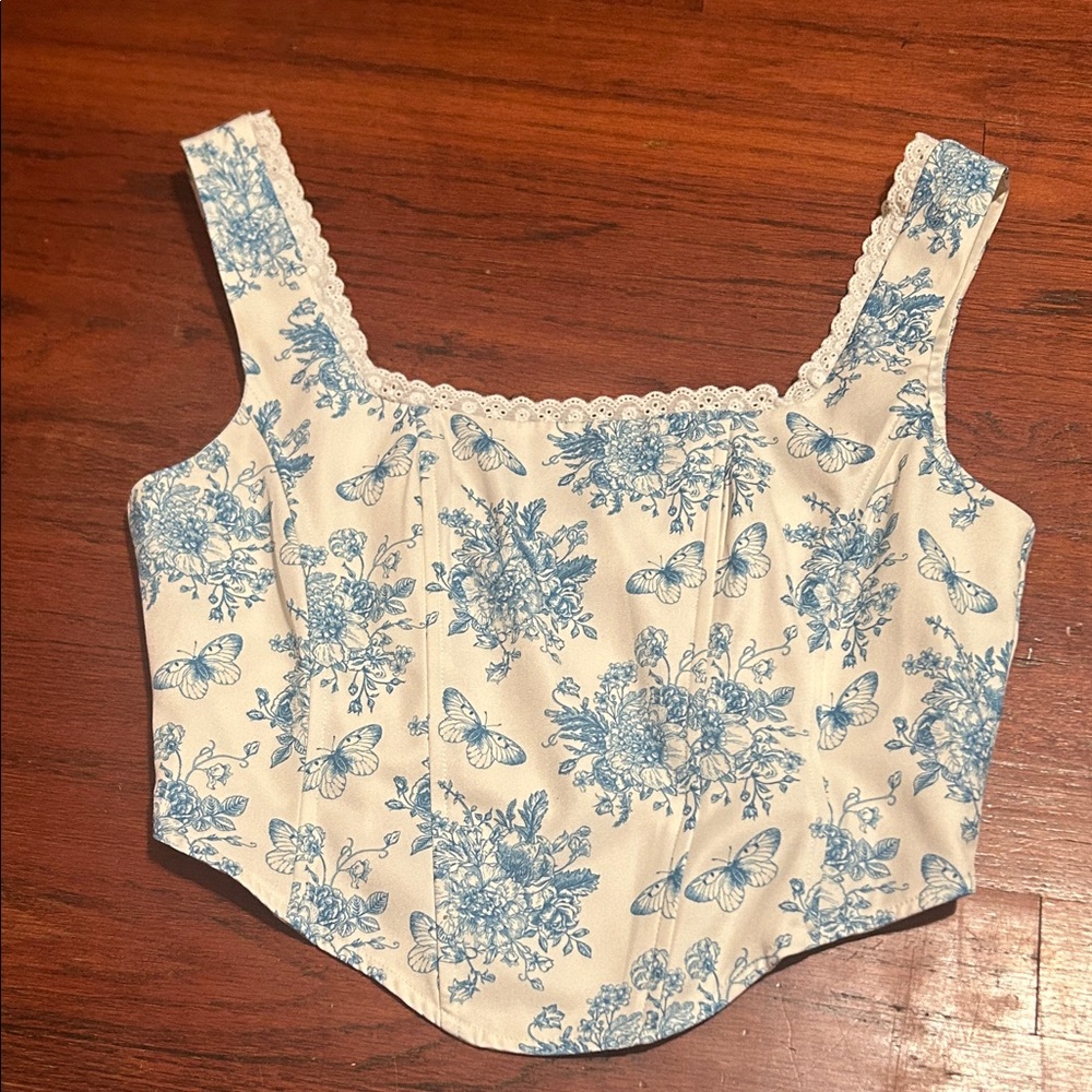 Fashion Nova Cream Crop Top with Blue Floral & Butterfly Print